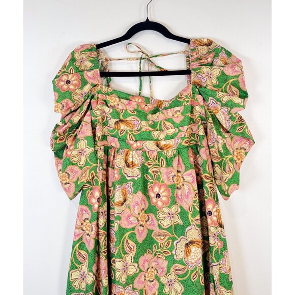Misa Dress Green Kate Mini Ruched Puffed Floral Pintuck Tie Back A Line Boho XS - Picture 8 of 13